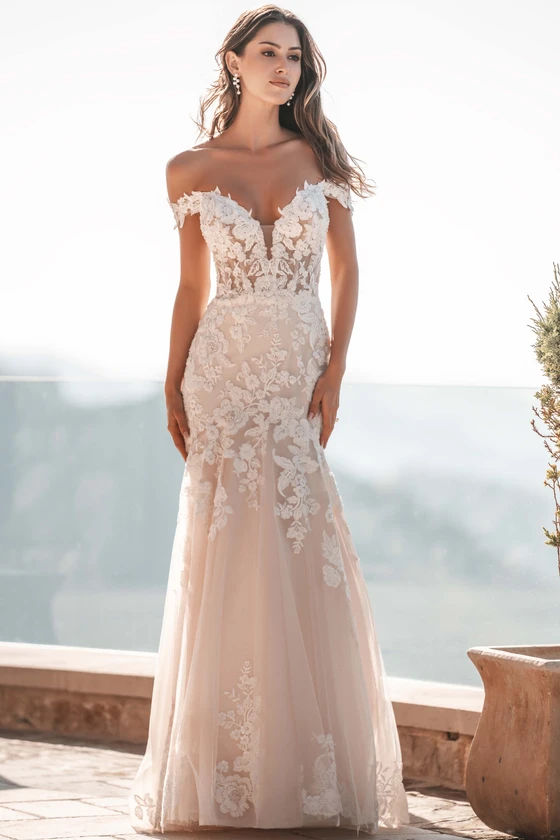 Front view of Allure Bridals A1202 off-the-shoulder lace wedding dress
