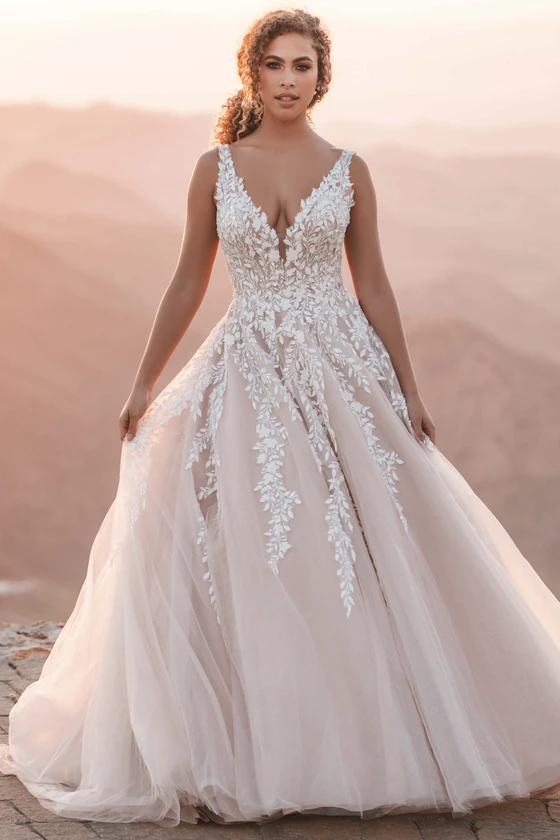 Front view of Allure Bridals A1203 plunging neckline A-line wedding dress