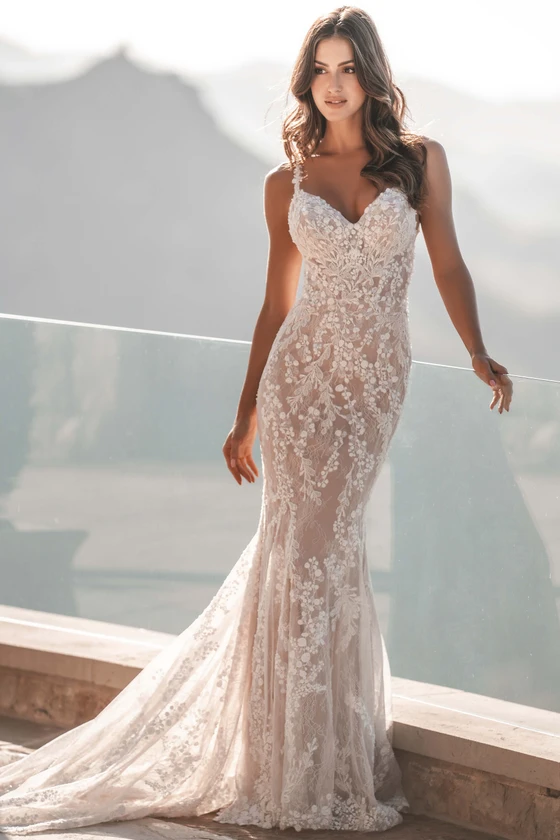 Front view of Allure Bridals A1204 beaded lace fitted wedding dress