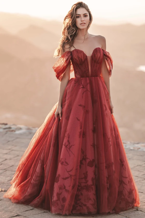 Front view of Allure Bridals A1206 floral tulle A-line wedding dress in wine red