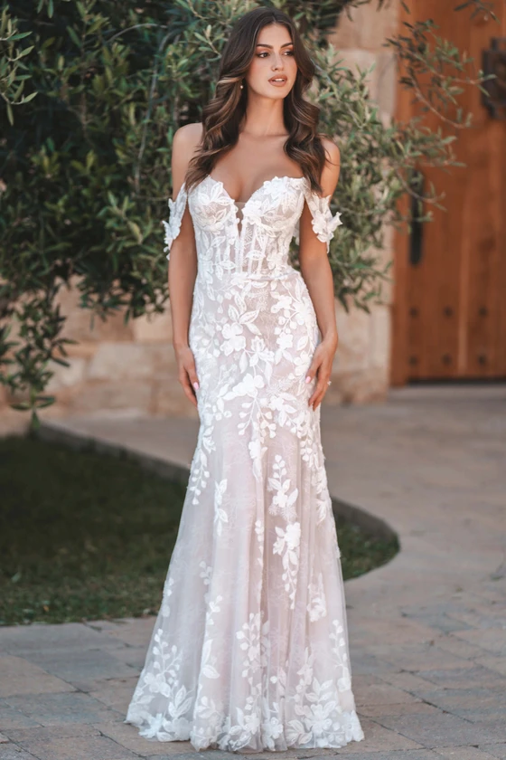 Front view of Allure Bridals A1210 beaded lace wedding dress