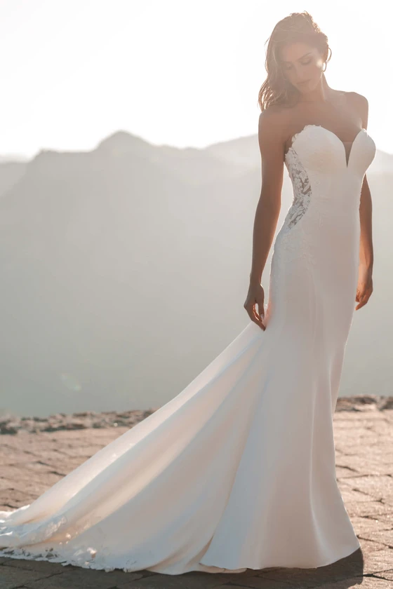 Front view of Allure Bridals A1214 crepe fit-and-flare wedding dress