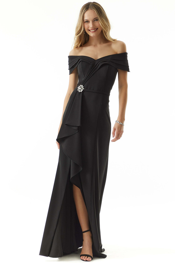 Front view of black Morilee 72417 crepe mother dress with crystal brooch
