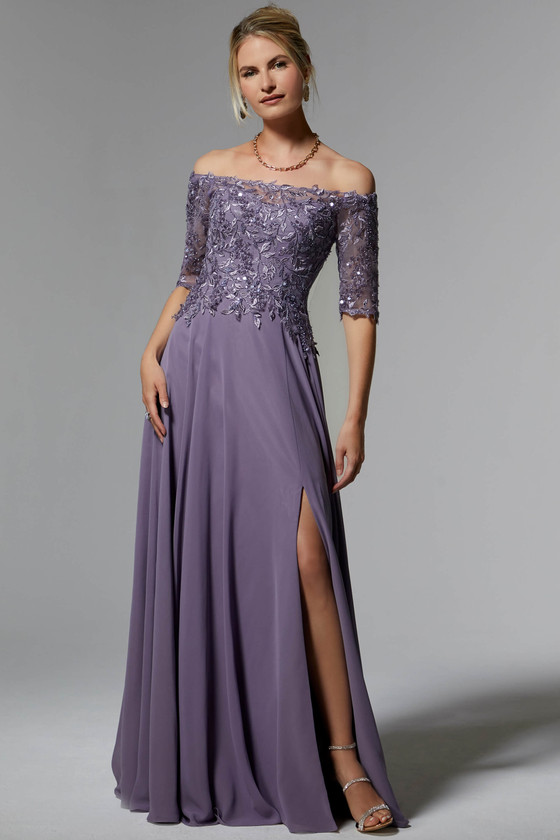 Front view of lavender Morilee 72907 chiffon mother dress with beaded bodice