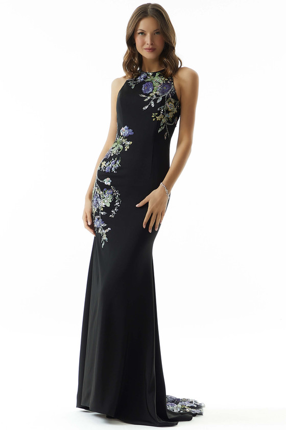 Front view of black multi Morilee 73006 halter mother dress with floral embroidery