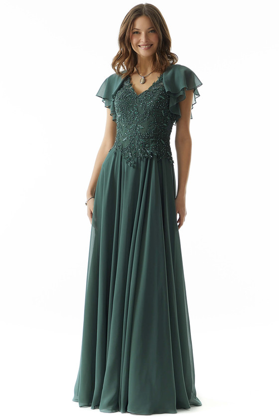 Front view of spruce Morilee 73016 chiffon mother dress with flutter sleeves