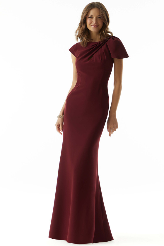 Front view of wine Morilee 73022 mother dress with beaded shoulder bow