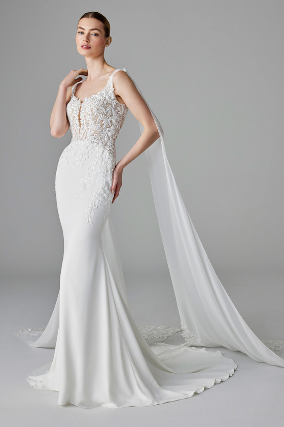 Sleek crepe fit-and-flare gown with illusion floral bodice and detachable chiffon cape-draped straps Sleek crepe fit-and-flare gown with illusion floral bodice and detachable chiffon cape-draped straps