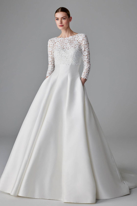 Elegant ball gown with a detachable floral lace jacket, and structured mikado skirt with pockets Elegant ball gown with a detachable floral lace jacket, and structured mikado skirt with pockets