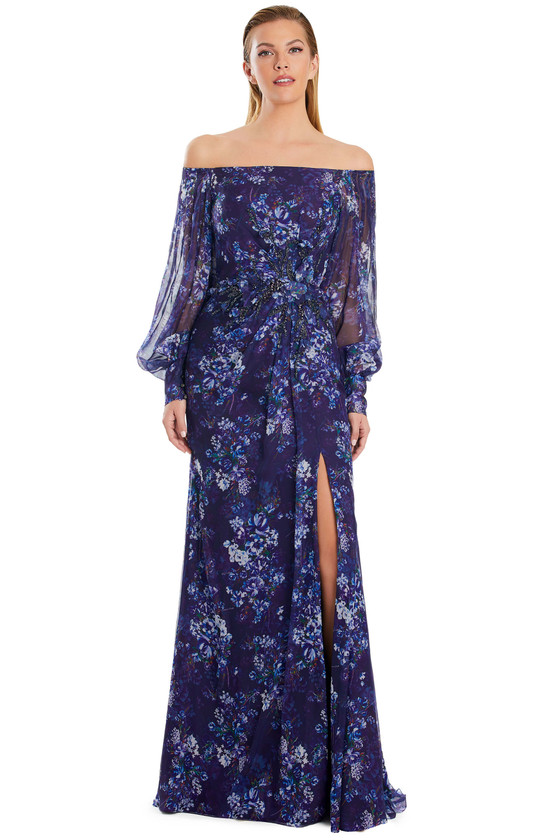 Royal blue floral chiffon dress with off-shoulder styling and dramatic side slit.