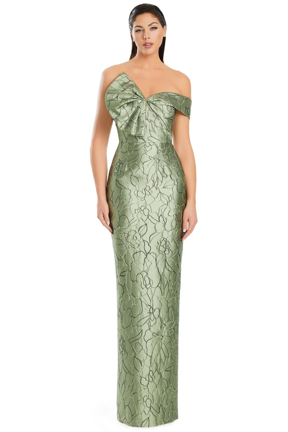Sage green metallic dress with graceful off-shoulder neckline and fitted silhouette.