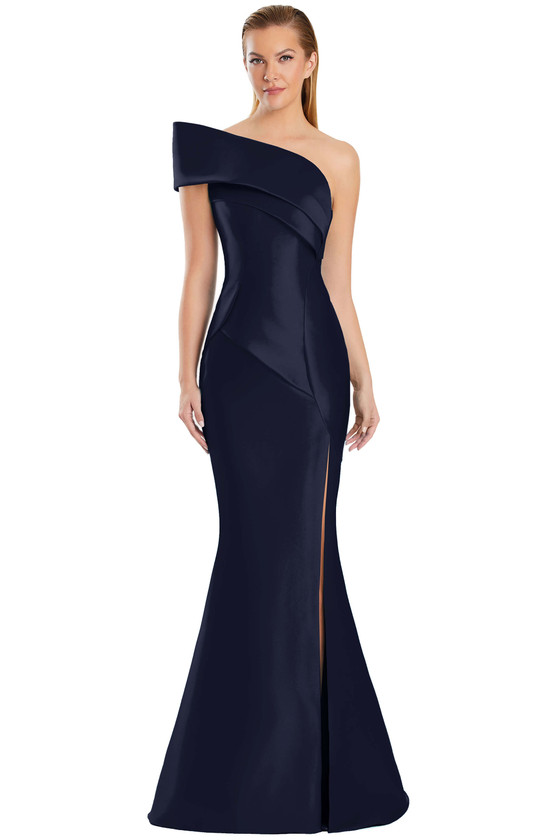 Structured navy satin gown with sculpted neckline and high slit