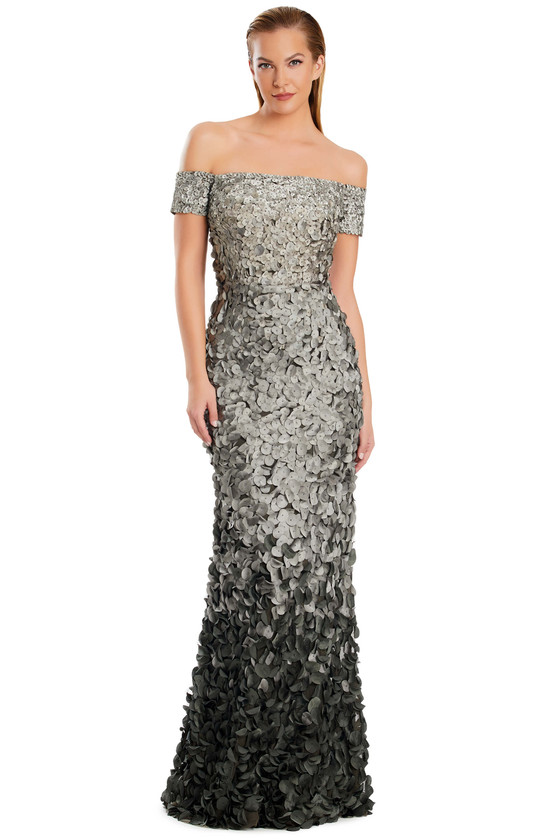 Off-the-shoulder gown with fitted bodice and cascading Ombre 3D floral appliqué