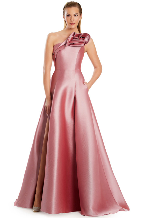 Soft rose one-shoulder gown with pleated skirt and bold floral ruffle detail