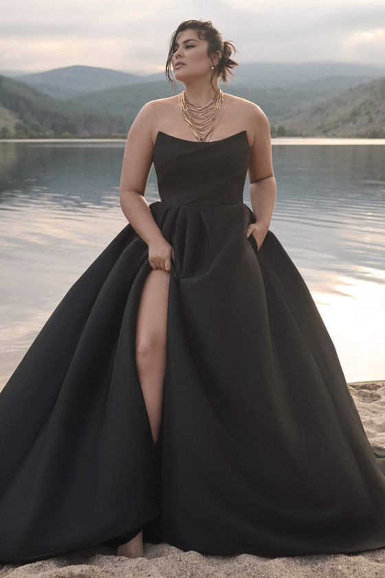Black Plus size Maggie Wedding Dress Aspen couture A-line wedding dress with thigh-high slit and pockets
