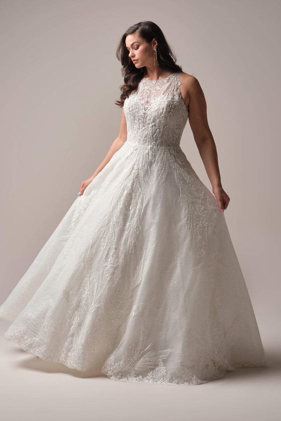 Genevieve A-line wedding dress with beaded halter neckline and shimmering lace motifs