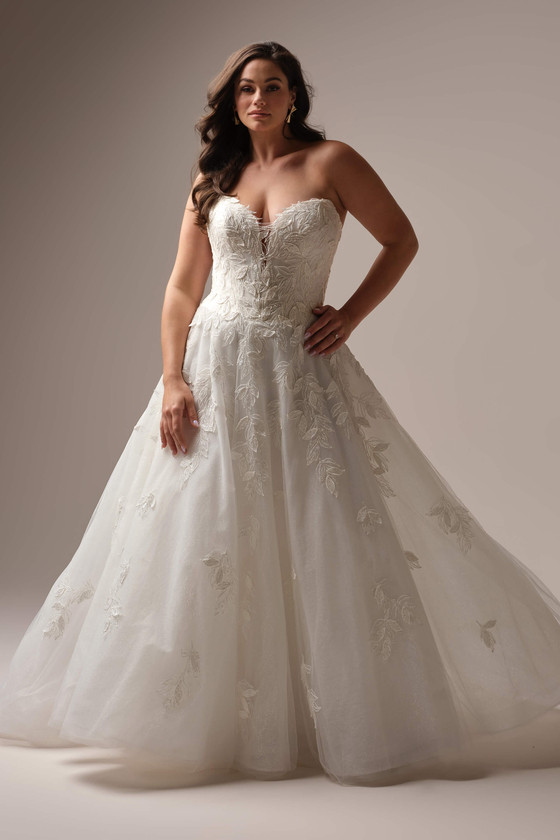 Plus size Maritza A-line wedding dress with 3-D floral motifs and strapless plunging V-neckline