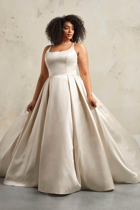 Plus size Maggie Sottero Selena Vida satin A-line wedding dress with scoop neckline and pockets