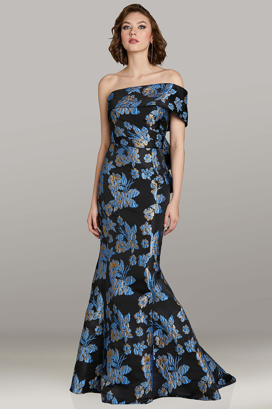 Feriani 18481 black and blue one‑shoulder brocade gown with fit‑and‑flare silhouette and floral pattern