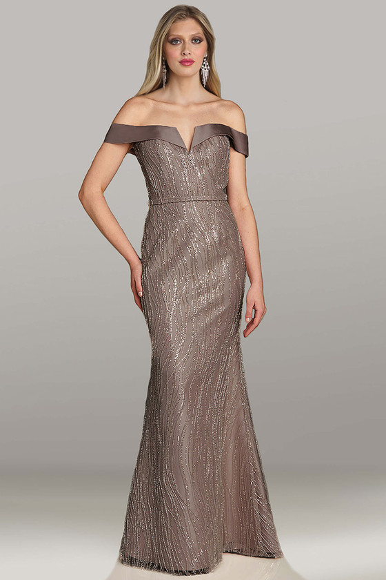 Feriani 18491 gown in charcoal with allover beadwork and off‑the‑shoulder satin collar band