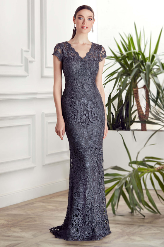 Front view of Alyce Paris MOB gown 27478 showing embellished lace V-neck bodice and straight sheath silhouette Front view of Alyce Paris MOB gown 27478 showing embellished lace V-neck bodice and straight sheath silhouette