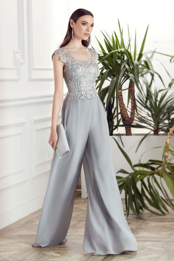 Front view of Alyce Paris MOB jumpsuit 27488 in Silver with illusion beaded bodice and wide-leg chiffon‑lace pants Front view of Alyce Paris MOB jumpsuit 27488 in Silver with illusion beaded bodice and wide-leg chiffon‑lace pants