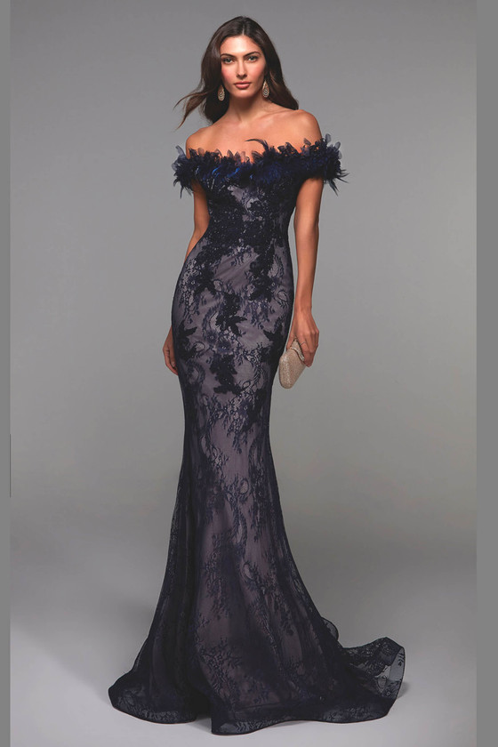 Front view of Alyce Paris MOB gown 27490 in Navy‑Latte lace with off‑shoulder neckline and fit‑and‑flare skirt Front view of Alyce Paris MOB gown 27490 in Navy‑Latte lace with off‑shoulder neckline and fit‑and‑flare skirt
