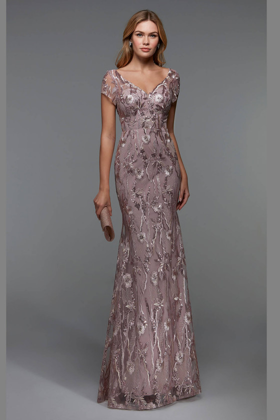 Front view of Alyce Paris MOB gown 27533 in rosewood sequin lace with V-neck and fitted waist Front view of Alyce Paris MOB gown 27533 in rosewood sequin lace with V-neck and fitted waist