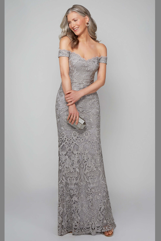 Front view of Alyce Paris MOB gown 27553 in Silver showing off‑the‑shoulder sweetheart lace neckline and straight silhouette Front view of Alyce Paris MOB gown 27553 in Silver showing off‑the‑shoulder sweetheart lace neckline and straight silhouette