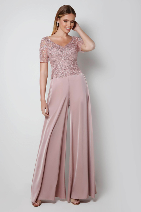 Front view of Alyce Paris MOB jumpsuit 27564 with V‑neck embellished bodice and wide-leg faille pants Front view of Alyce Paris MOB jumpsuit 27564 with V‑neck embellished bodice and wide-leg faille pants