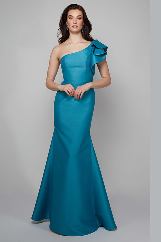 Front view of Alyce Paris fit-and-flare MOB gown 27641 in French Blue with one-shoulder neckline and ruffle Front view of Alyce Paris fit-and-flare MOB gown 27641 in French Blue with one-shoulder neckline and ruffle