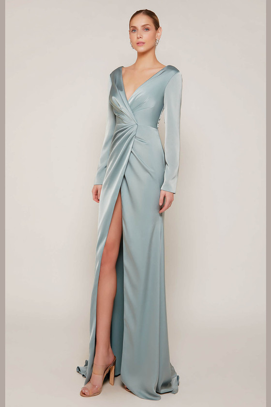 Front view of Alyce Paris MOB gown 27694 featuring long sleeves and deep V-neckline Front view of Alyce Paris MOB gown 27694 featuring long sleeves and deep V-neckline