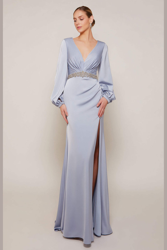 Front view of Alyce Paris MOB gown 27696 with bishop sleeves and beaded waistband Front view of Alyce Paris MOB gown 27696 with bishop sleeves and beaded waistband