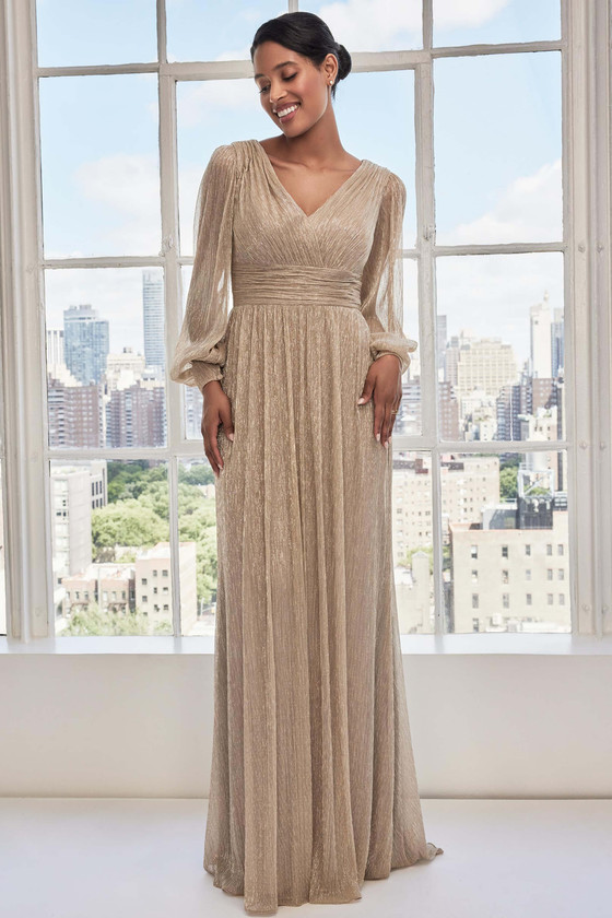 Front view of Morilee 73111 gold metallic knit mother of the bride dress with bishop sleeves
