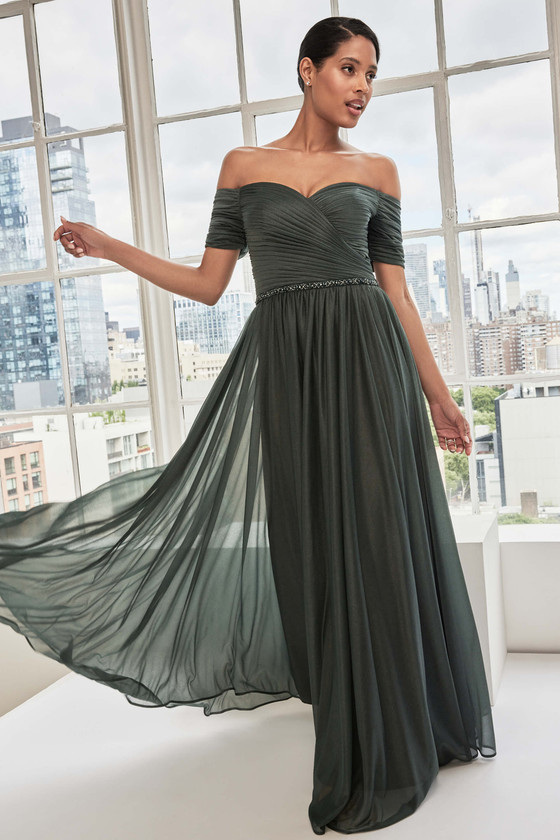 Front view of Morilee 73113 spruce shimmer mesh mother of the bride dress with off-the-shoulder neckline