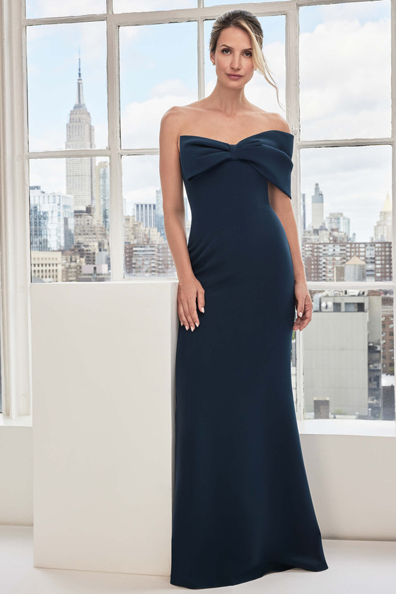 Front view of Morilee 73114 teal stretch crepe mother of the bride dress with bow neckline