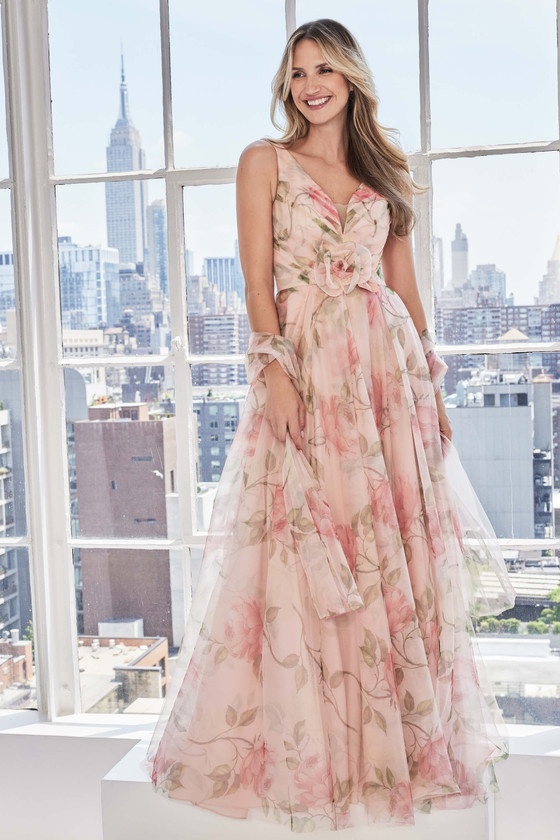 Front view of Morilee 73122 blush multi floral tulle mother of the bride dress