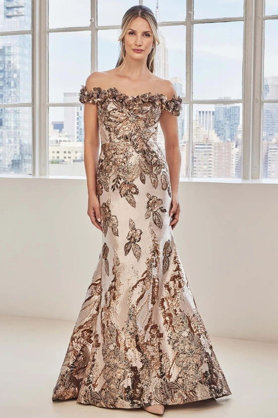Front view of Morilee 73130 rose gold metallic jacquard mother of the bride dress with off-the-shoulder neckline