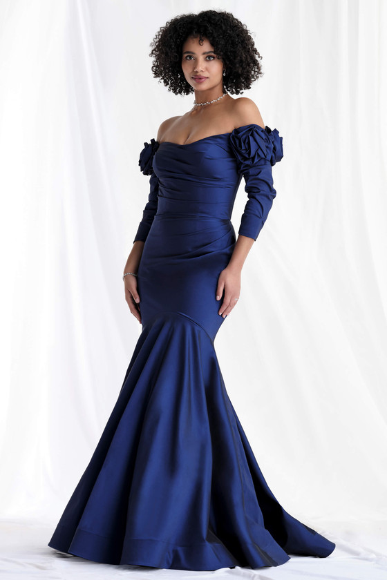 Front view of Morilee 73151 taffeta mother of the bride dress with off-the-shoulder rosette sleeves