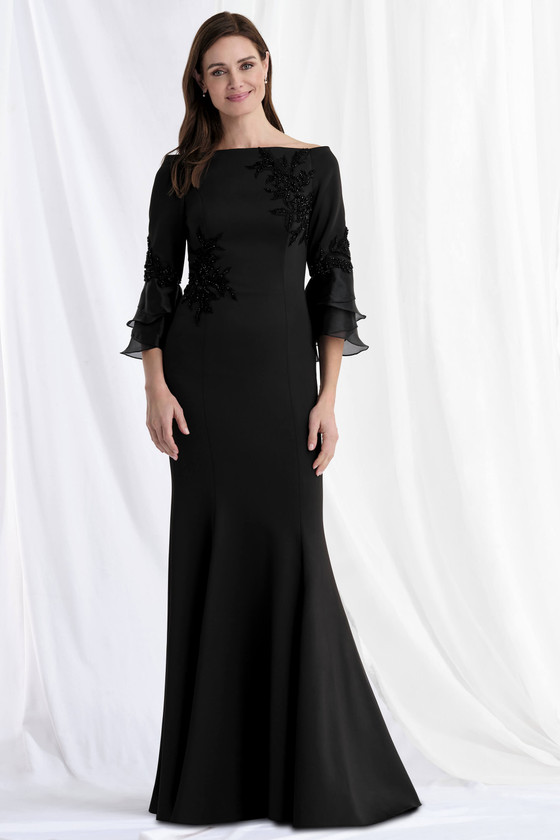 Front view of Morilee 73157 black scuba knit mother of the bride dress with bateau neckline