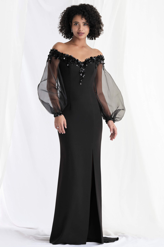 Front view of Morilee 73162 black scuba knit mother of the bride dress with organza sleeves