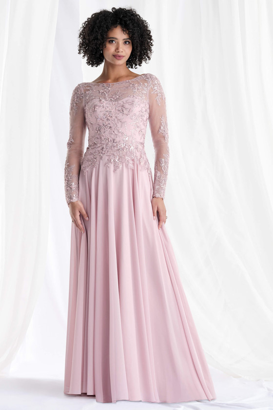 Front view of Morilee 73169 blush chiffon mother of the bride dress with illusion neckline