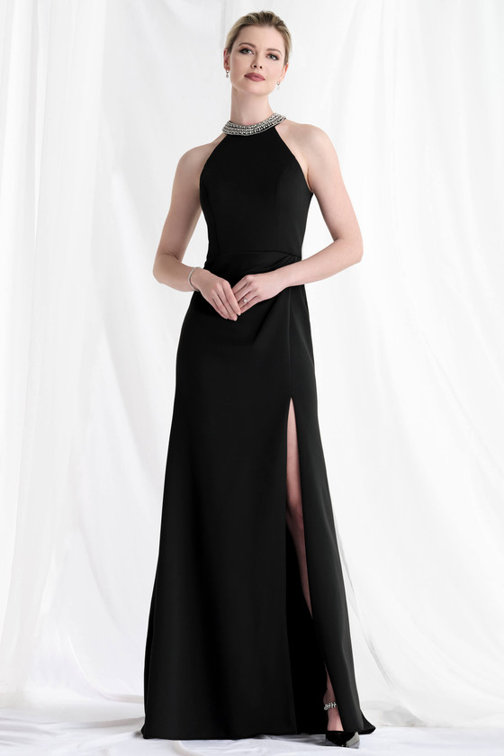 Front view of Morilee 73171 black scuba knit mother of the bride dress with beaded halter neckline