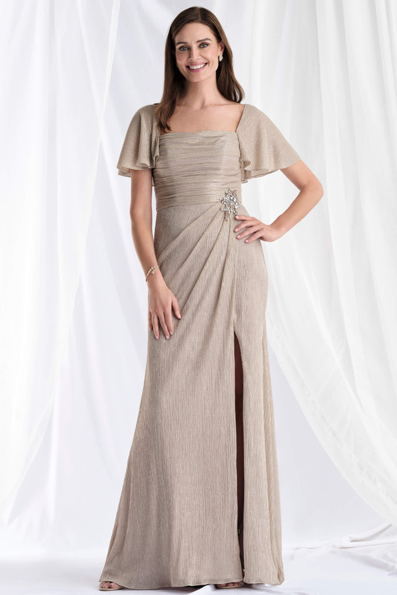 Front view of Morilee 73178 pewter metallic knit mother of the bride dress with flutter sleeves