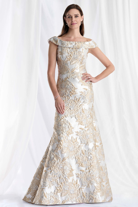 Front view of Morilee 73181 silver champagne brocade mother of the bride dress