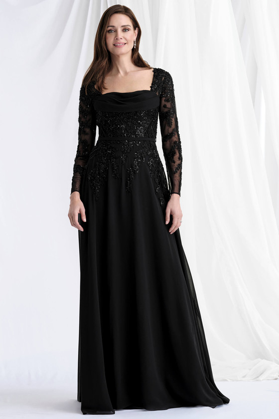 Front view of Morilee 73185 black chiffon mother of the bride dress with illusion sleeves