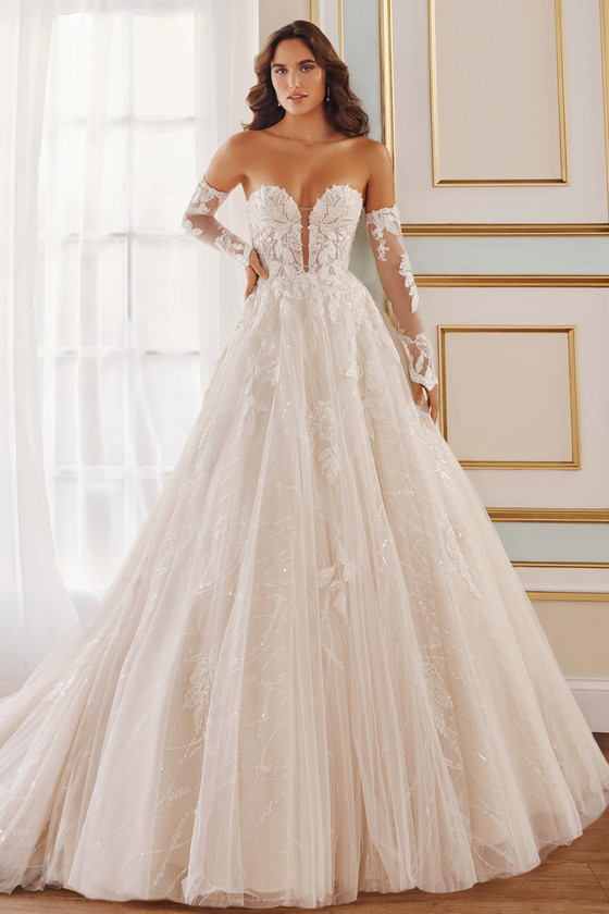 Front view of Martin Thornburg MT5110 ball gown with sweetheart neckline, lace appliques, and detachable gauntlet sleeves. Front view of Martin Thornburg MT5110 ball gown with sweetheart neckline, lace appliques, and detachable gauntlet sleeves.