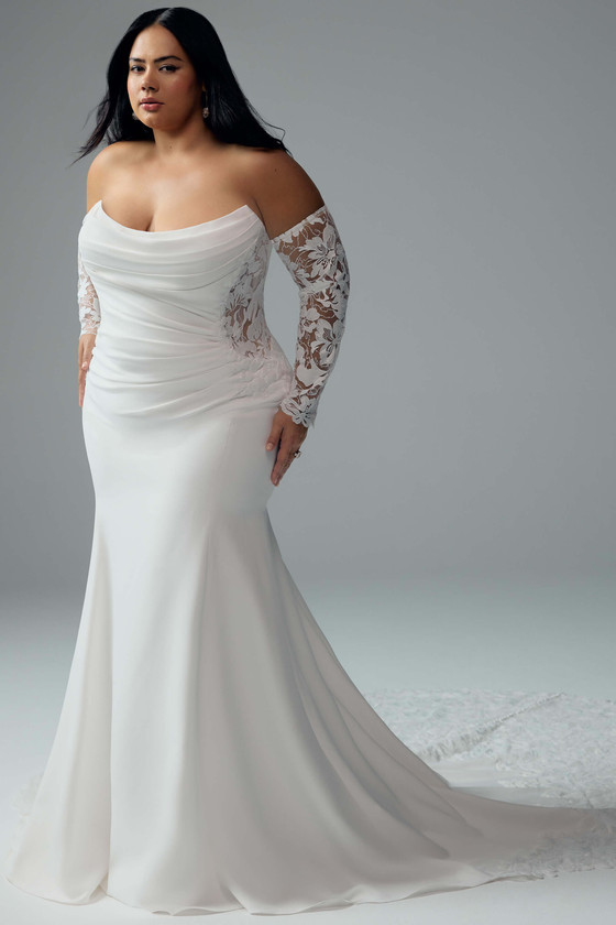 Full front view of Sophia Tolli Y3180 showing soft scoop neckline, off-shoulder long gauntlet sleeves, and fit-and-flare silhouette.
