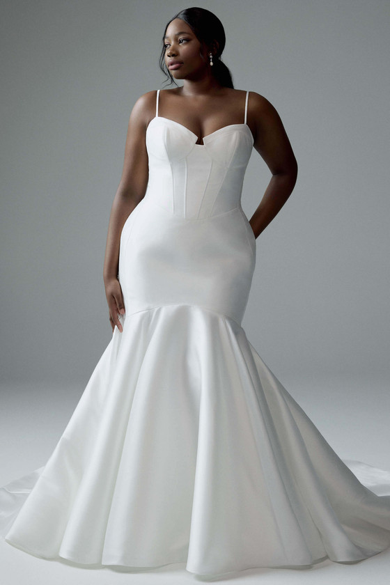 Full front view of Sophia Tolli Y3192 showing sweetheart notched neckline, mermaid silhouette in pearl mikado. Full front view of Sophia Tolli Y3192 showing sweetheart notched neckline, mermaid silhouette in pearl mikado.