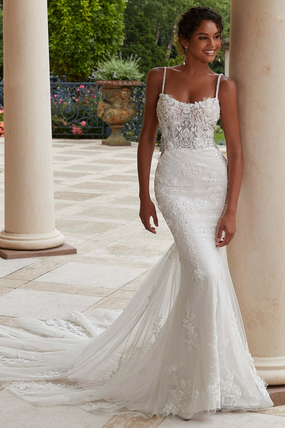 Front view of Morilee Paisley fit-and-flare gown with scoop neckline and lace appliqués.